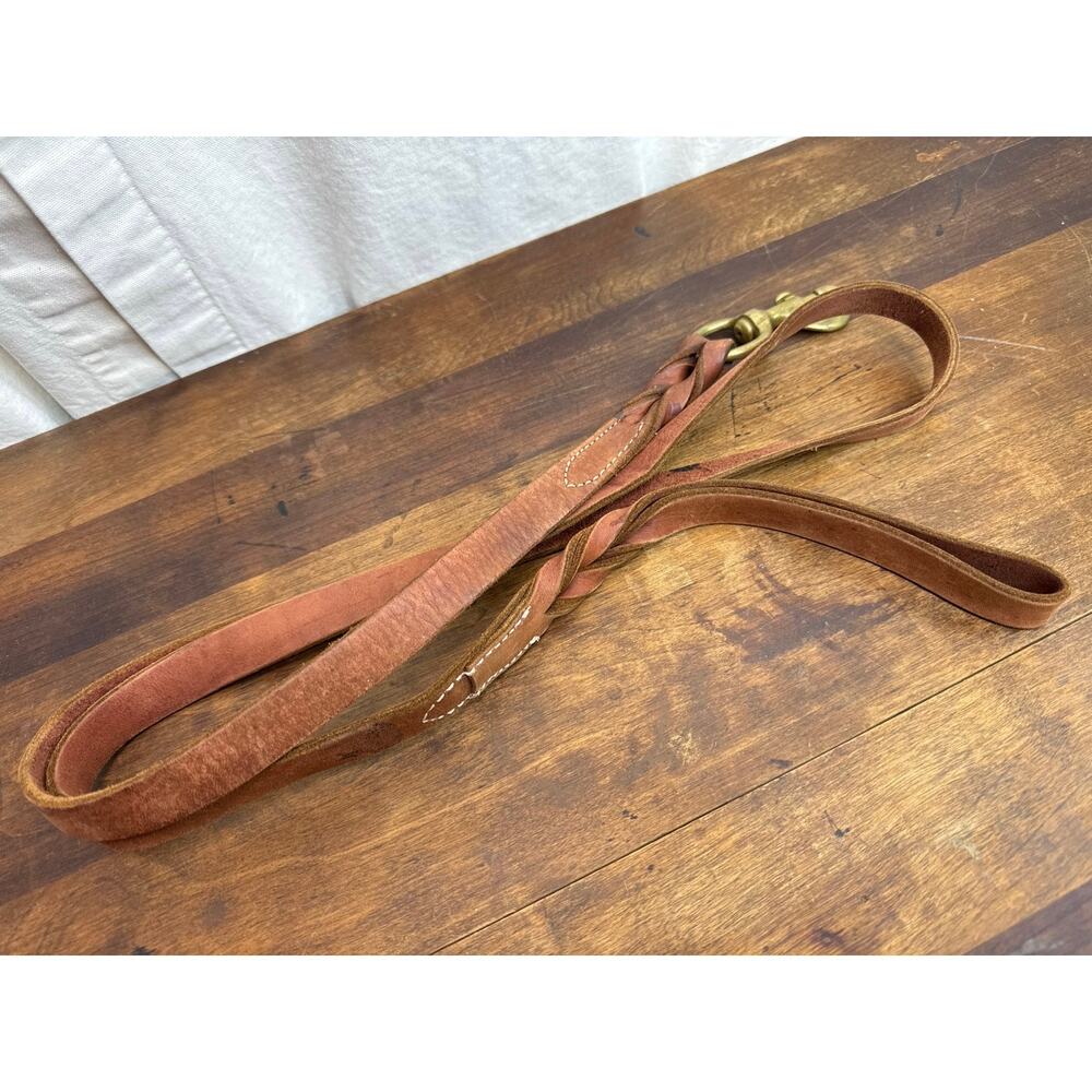 Genuine Leather Twisted Detail Dog Leash Brass Hardware 70" Durable / Heavy Duty